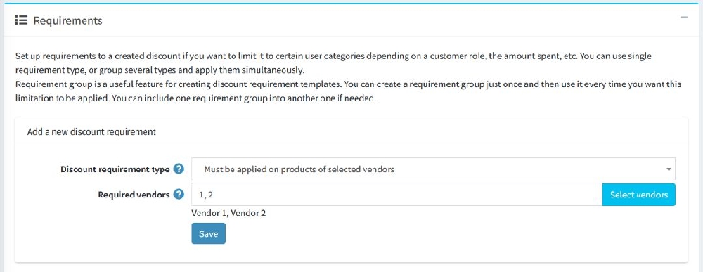 vendor based discount condition requirement setting page